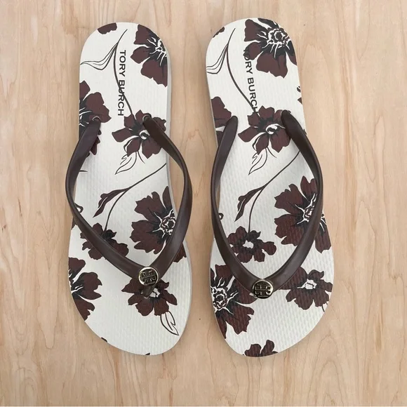 Tory Burch Potting Soil Ivory Daisy Flip Flop Thong Sandal Logo Size 8 EUC - Picture 3 of 8